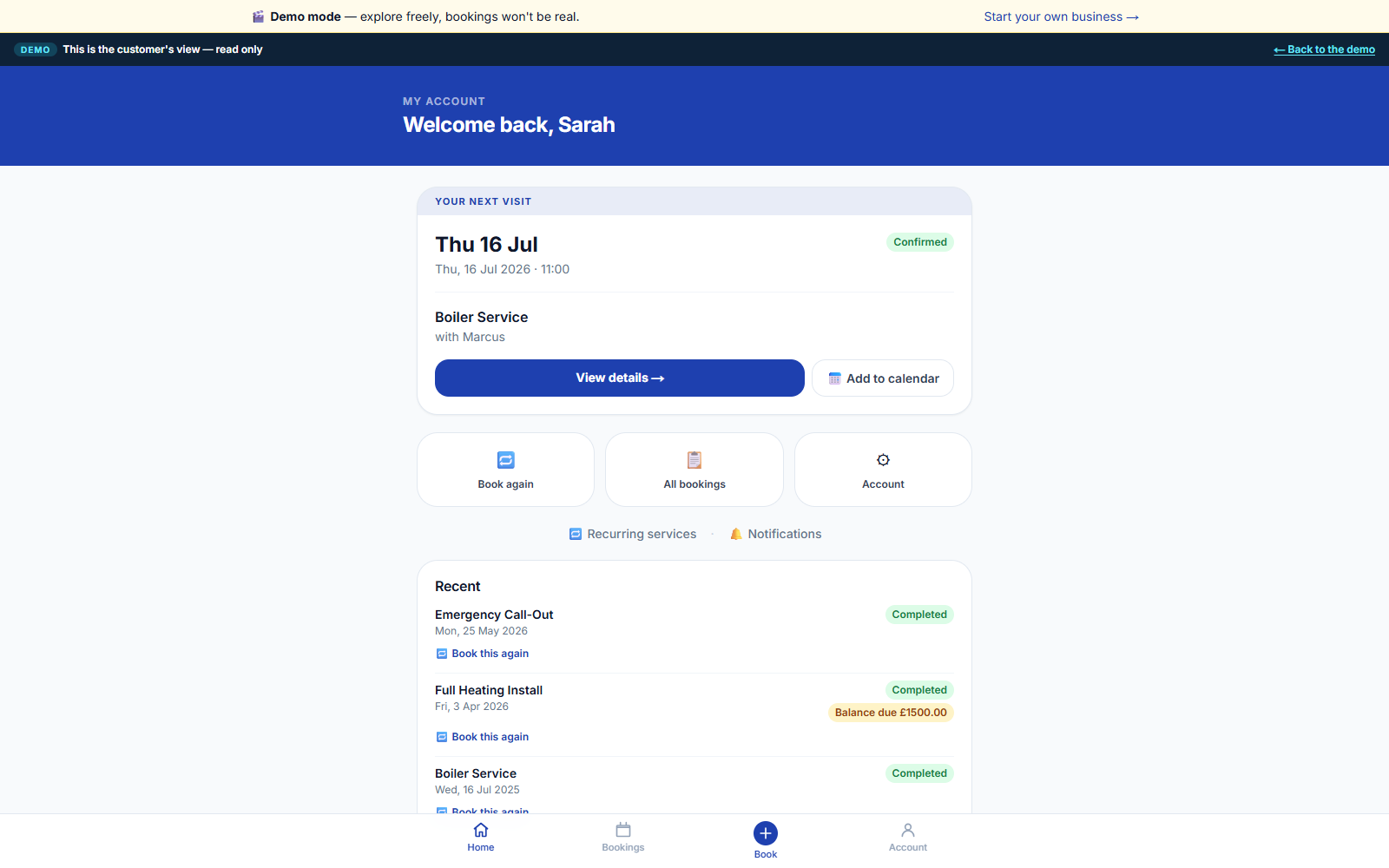 The customer account — next visit, booking history and receipts, self-serve.